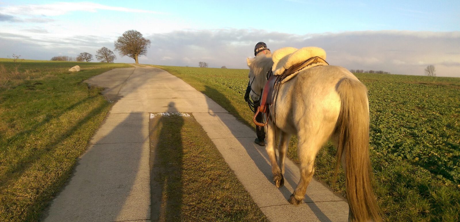 Wunderbare Weite und riesiger Himmel beim Spaziergang mit Pferd